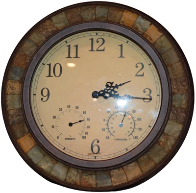Round Wall Clock Timepiece 16in Tile Stone Stylish Temperature Humidity Subdials - Image 1 of 4