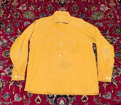 50s Mustard Yellow Button Shirt Loop Collar Small Distressed Thrashed Workwear - Image 1 of 4