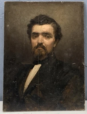 Tableau Ancien Huile Panneau Portrait Homme Face Barbe Élégant Fin XIXe - Photo 1/4