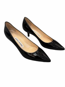 Manolo Blahnik 36.5 Black Patent Leather Kitten Heels Pump Pointed Toe NIB - Picture 1 of 9