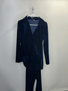 Sandro Ferrone Damen Co-Ord Set blaue Samt Bluse/Hose, Größe 44. Neu mit Etikett.  2M - Bild 1 von 13