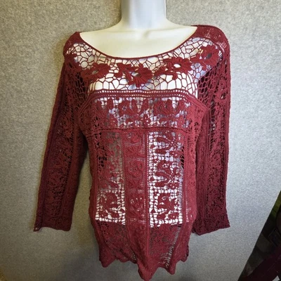 Top Xhilaration Total Crochet Manga Larga Mujer XL Borgoña Boho Hada Capricho Foto 1 de 4