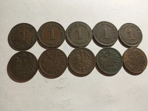 10 German Empire 1 Pfennig Late 1800s Early 1900s Deutsches Reich Vintage Coins  - Foto 1 di 2