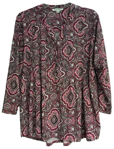 Studio Works Women's XL Tunic 3/4 Red Paisley Stretch Pleated Pullover - Picture 1 of 9