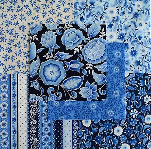 Blue Leaf Trail Flowers 30 4" fabric squares quilting cotton quilt home decor - Picture 1 of 1