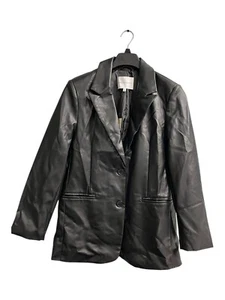 Rebecca Minkoff Jacket Womens L Black Vegan Leather Trench Coat Blazer Classic - Picture 1 of 12