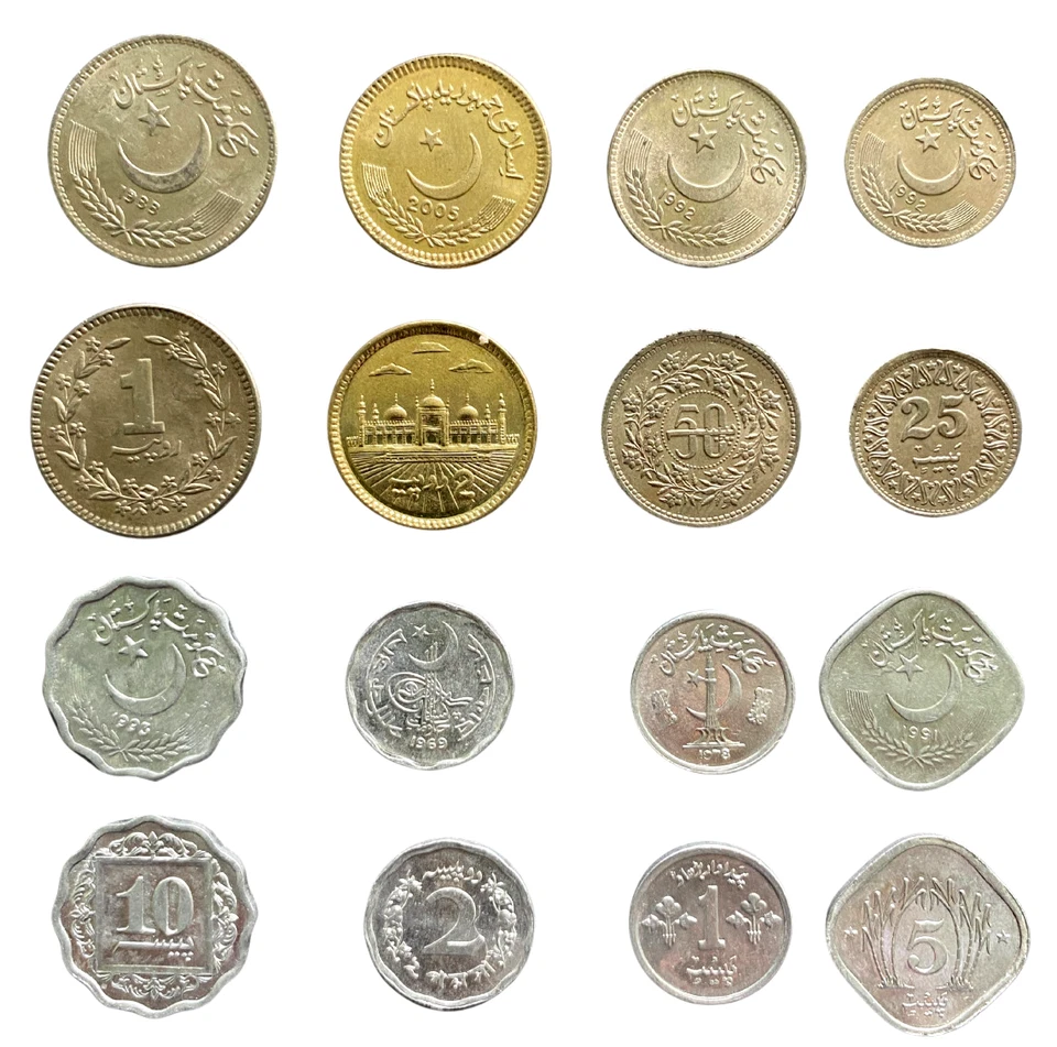 Juego de 8 monedas de Pakistán - Condición aUNC | 1, 2, 5, 10, 25, 50 Paisa + 1 & 2 Rupias Foto 1 de 1
