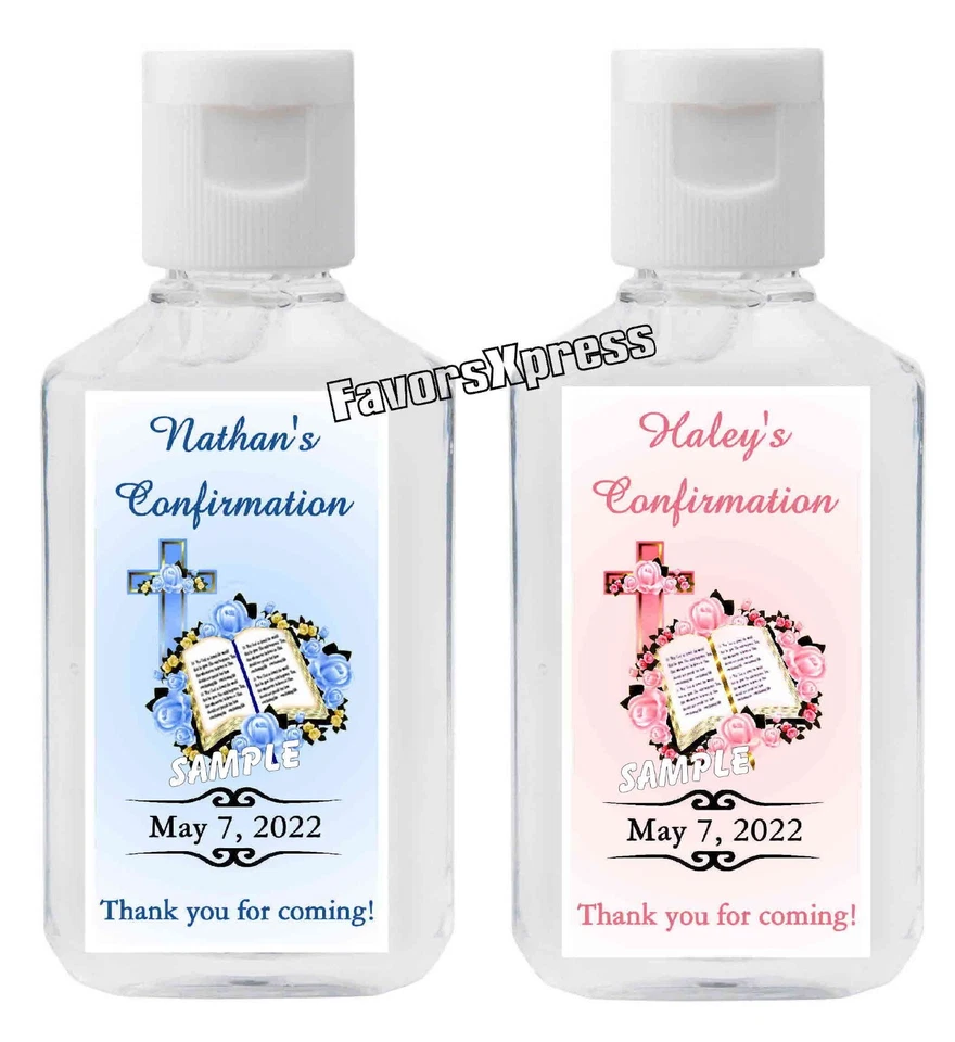 ETIQUETAS DESINFECTANTES MANOS FAVORES FIESTA CONFIRMACIÓN - ROSA O AZUL PERSONALIZADO Foto 1 de 1