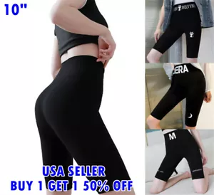 Women's 10" Length Bike Shorts Biker Legging Letter Waistband Yoga Soft Stretch - Picture 1 of 8