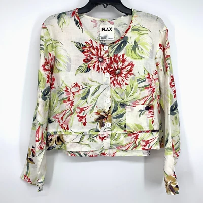 Flax Jacket Womens Size Small 100% Linen Floral Print Button Down Long Sleeve - Image 1 of 4