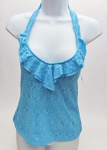 Bisou Bisou Sky Blue Mesh Crochet Swim Suit Halter Tank Top - Sz S - NWOT - Picture 1 of 6