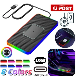 15W Qi Car Wireless Charger RGB Fast Charging Mat Non-Slip Pad Holder LED Light - Picture 1 of 15