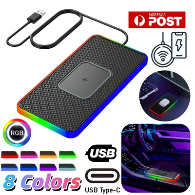 15W Qi Car Wireless Charger RGB Fast Charging Mat Non-Slip Pad Holder LED Light - Image 1 of 4