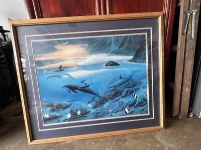 DE COLECCIÓN WYLAND "ISLAND DOPHINS" IMPRESIÓN ENMARCADA EN MADERA 1988, GRANDE 39" X 33" EN MUY BUENA CONDICIÓN Foto 1 de 2