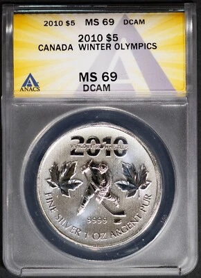 2010 $5 Silver Winter Olympics Hockey MS 69 DCAM ANACS # 7667062 + Bonus - Image 1 of 2