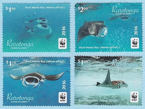 REEF MANTA RAY STAMP SET of 4 RAROTONGA 2016 COOK ISLANDS POSTAGE WWF LOGO NEW Cover