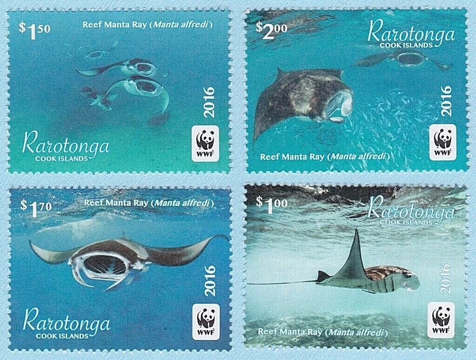 JUEGO DE 4 ESTAMPILLAS DE ARRECIFE MANTA RAY RAROTONGA 2016 ISLAS COOK FRANQUEO WWF LOGO NUEVO Foto 1 de 1