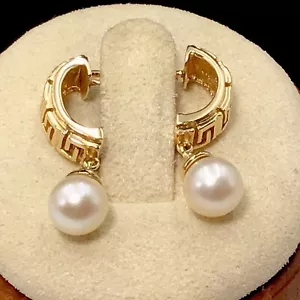 14K Yellow Gold Cultured White Pearl Earrings 6mm Pearl 3.8 grams 7/8” - Picture 1 of 11