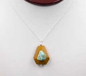 Sterling Silver 18" Necklace with Goldenrod Jasper & Turquoise Accent Pendant - Picture 1 of 13