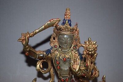 Manjushri Auf Lotussockel-Tibet, Bronze-feuervergoldet, Kristall/Koralle, 16cm • 20.50€