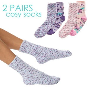 Ladies 2 Pairs Cosy Floral Feather Yarn Fluffy Winter Bed Slipper Socks UK 4-8 - Picture 1 of 13