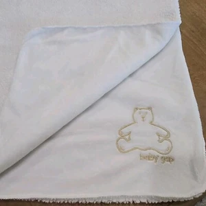 Baby Gap Vintage Beige Solid Blanket Plush Sherpa White Brown Bear Logo Lovey - Picture 1 of 4