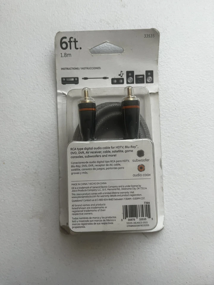 通用电气 PRO 系列 6 英尺 1.8 米数字音频 SPDIF 和低音炮电缆 03078335355 — 第 1/1 张图片