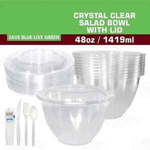 48 Oz. Clear Plastic Salad Bowls with Airtight Lids Food Containers and Cutlery - Picture 1 of 6