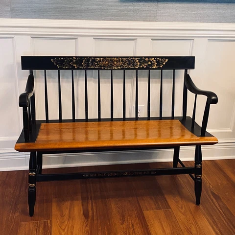 Hitchcock Stenciled Bench Black Harvest Riverton Windsor Style Deacon's Bench Cover