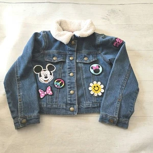 Disney Minnie Mouse Patches Snap Front Sherpa Blue Denim Jean Jacket Size 5/6 - Picture 1 of 9