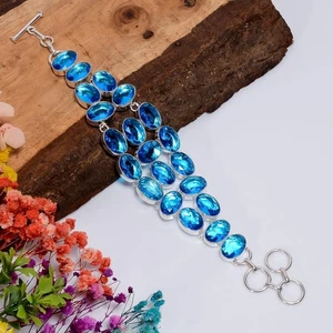 Swiss Blue Topaz Gemstone Handmade 925 Sterling Silver Jewelry Bracelet Sz 7-8" - Picture 1 of 2