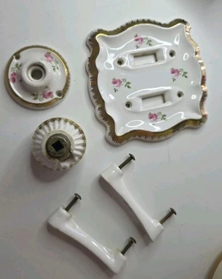 Antiga tampa de maçaneta de porta de porcelana francesa rosa e 2 alças frete grátis - Imagem 1 de 4