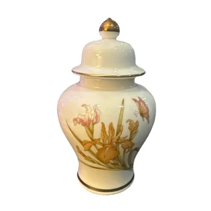 Vintage Satsuma Porzellan Deckel 8" Ingwer Dose Iris Schmetterling Orange/Goldrand - Bild 1 von 6