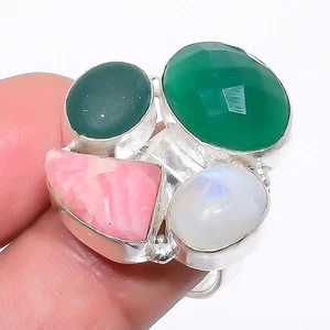 Natural Rhodochrosite, Multi Gemstone 925 Sterling Silver Ring Adjustable a090 - Picture 1 of 6