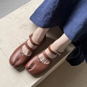 Women's Real Leather Closed Slit Toe Buckle Mary Jane Shoes Flats Ladies Fashion - Picture 1 of 18