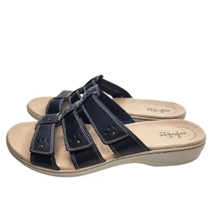 NEW Clarks Blue Leather Sandals Leisa Spring Size 12W Wide Triple Strap Slide - Picture 1 of 11