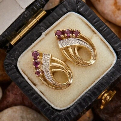 2.50Ct Round Cut Lab-Created Ruby Stud Women's Earrings 14K Yellow Gold Finish - Image 1 of 4