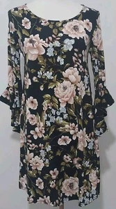 Womens Beautiful SJS Black Floral Polyester/Spandex Dress Small Bell Sleeves - Picture 1 of 8
