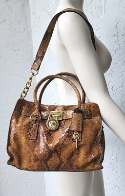 MICHAEL KORS Hamilton Tan Brown Embossed Python Snake Print Shoulder Satchel Bag - Image 1 of 4