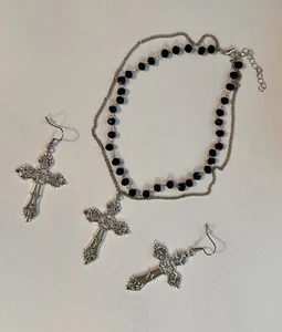 Vintage Silver Plated Jewelry Set Bundle Cross Earrings and Necklace Set Y2K - Picture 1 of 17