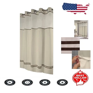 Functional Escape Shower Curtain with Chrome Rings, Sand/Brown Stripe 71" x 74" - Picture 1 of 7