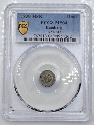 1839-HSK Hamburg Dreil Coin PCGS MS64 🔥1 of 2 in the World🔥 - Image 1 of 4