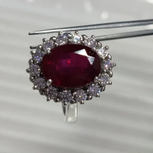 14k White Gold 5.65 Carat Natural Red Ruby and Diamonds Halo Engagement Ring - Picture 1 of 8