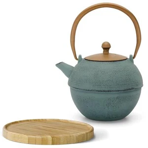 Blaue Asia Gusseisen Teekanne 1.2 Liter Gusskanne mit braunem Holz-Untersetzer - Bild 1 von 7