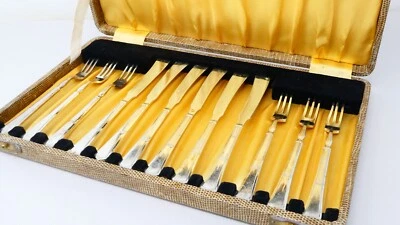 Art Deco Cutlery Set Silver Plated Dessert Forks Knives Faux Snakeskin Case - Image 1 of 4