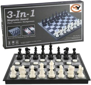 Folding Board Chess With black and white magnetic Travel 3in1 Chess Game Set UK - Picture 1 of 10