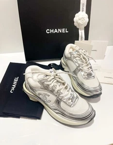 CHANEL white silver CC Runner Laminate Black Sneakers sz 7 IT 36 - Picture 1 of 10