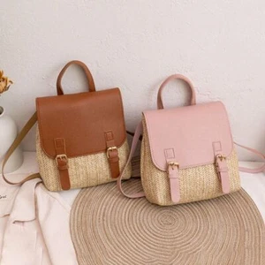 Versatile Elegant Luxury Shoulder Bag Straw Woven Bag Straw Backpack PU Leather - Picture 1 of 16