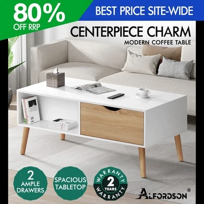 ALFORDSON Coffee Table Storage Tables 2 Drawers Shelf Modern Desk Whtie/Wood - image 1 of 4