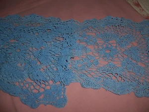 LONG 11 X 75" HAND CROCHET BLUE THREAD DOILY TABLE RUNNER - Picture 1 of 3